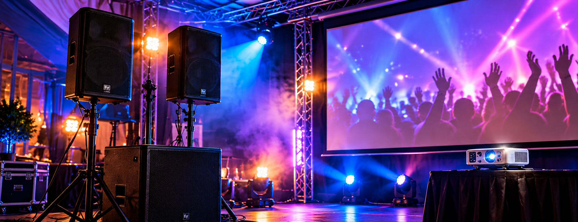 PA-högtalare, scenljus och projektorduk på ett event med rök och publik