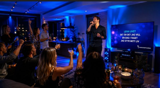 Sångare med mikrofon framför en karaoketext-skärm, omgiven av festande gäster