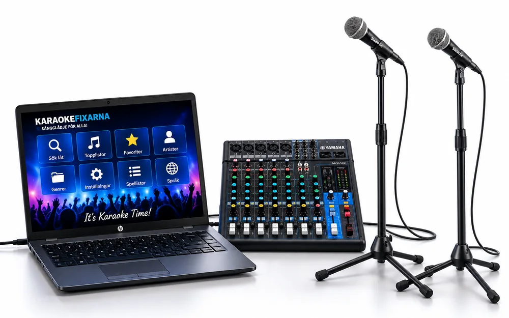 Karaokepaket Bronze med karaokelaptop, mixerbord och mikrofoner