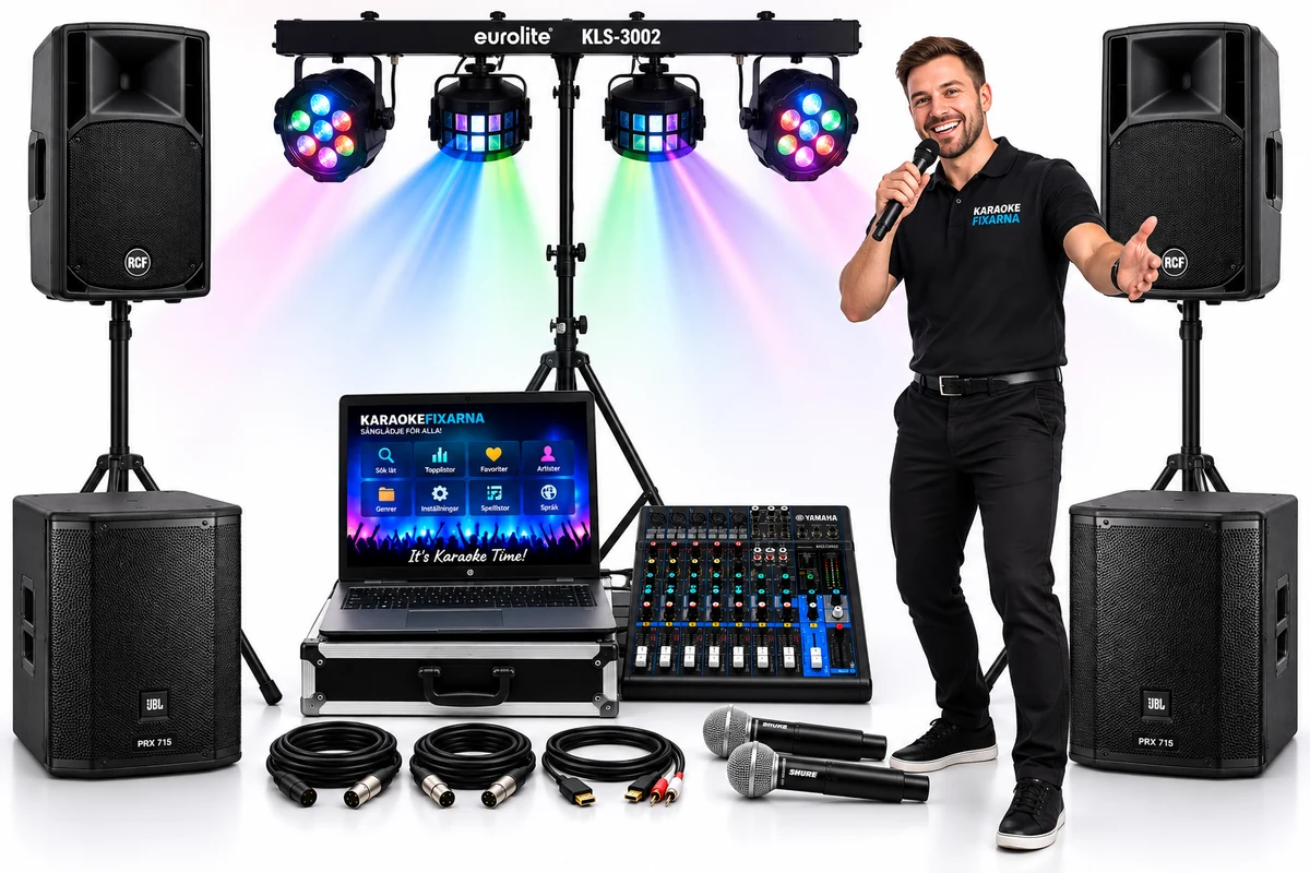 Karaokepaket Diamant med karaokelaptop, mixerbord, högtalare, subbas, ljusbrygga, mikrofoner och karaokevärd