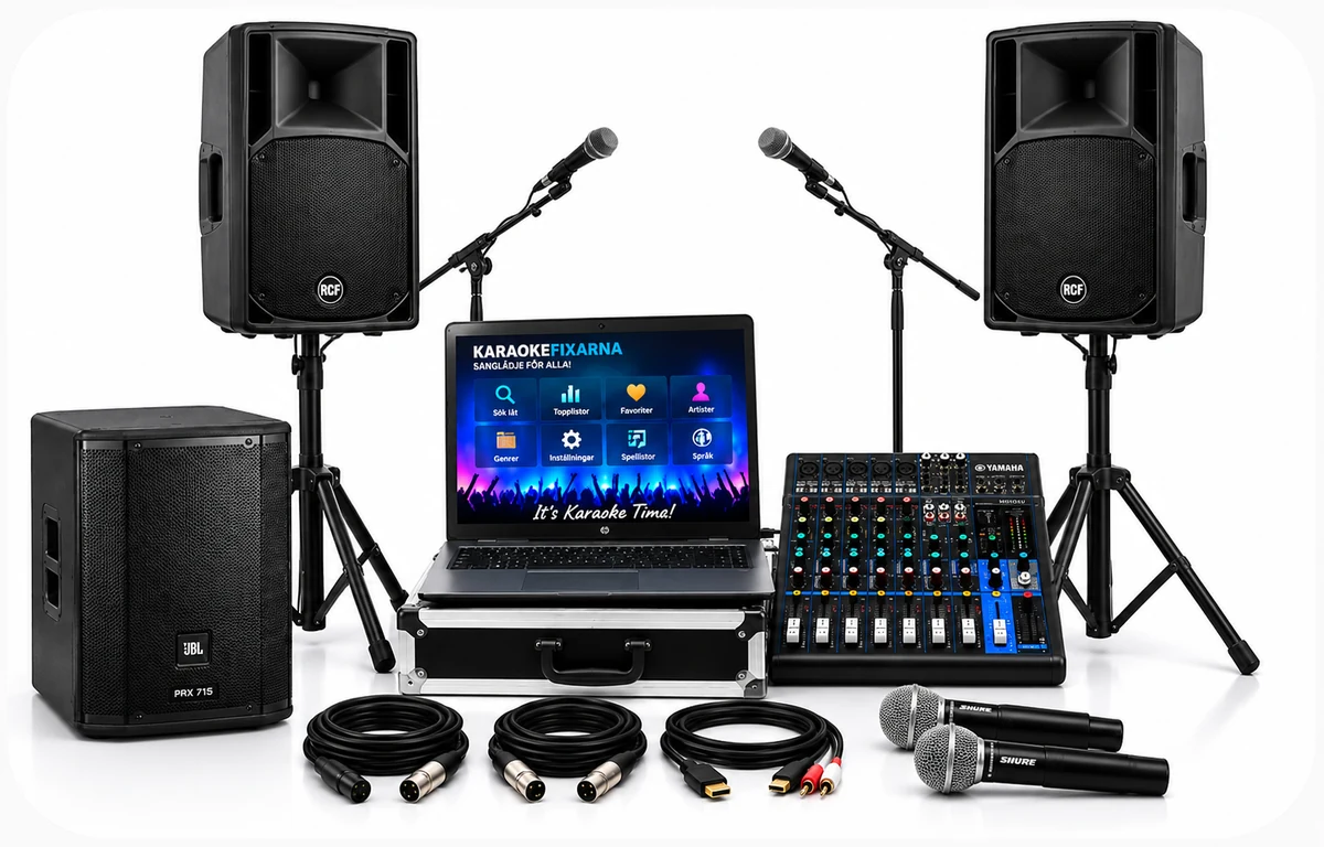 Karaokepaket Guld med karaokelaptop, mixerbord, högtalare, subbas och mikrofoner