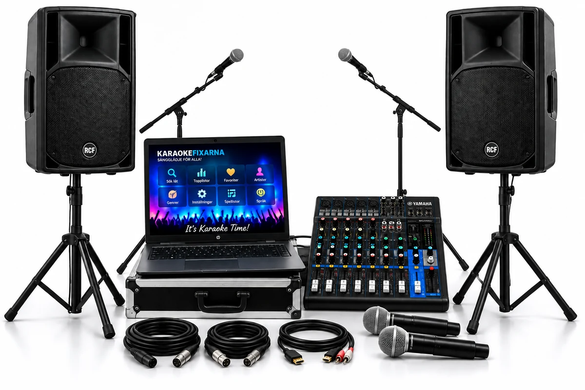 Karaokepaket Silver med karaokelaptop, mixerbord, högtalare på stativ och mikrofoner